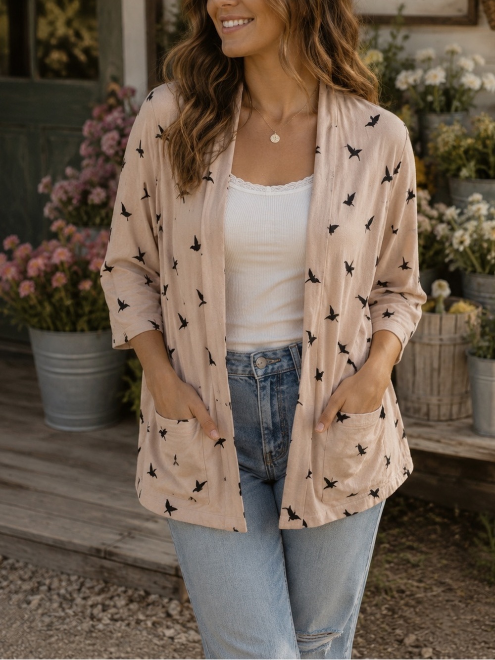 I Love H81  Blush Pink Open-Front Bird Print Cardigan Size Medium